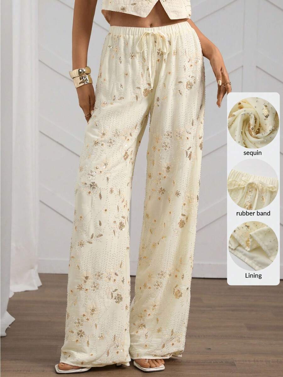 SHEIN LUNE 女士花卉亮片系带阔腿宽松时尚裤，适合秋季、冬季、万圣节、新年等场合，也可作为派对、婚礼宾客亮片裤、闪亮裤或金色裤子穿着。 - 杏色 - 查看 1