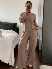DAZY Simple & Comfortable Solid Color Wavy Hem Knit Loungewear Set For Women , Cozy Outfit Fall Winter Clothes - Khaki - View 3