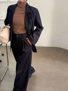 DAZY Women's Loose Denim Jacket With Collar And Straight-Leg Denim Pants Casual Denim Set - Dark Wash - View 4