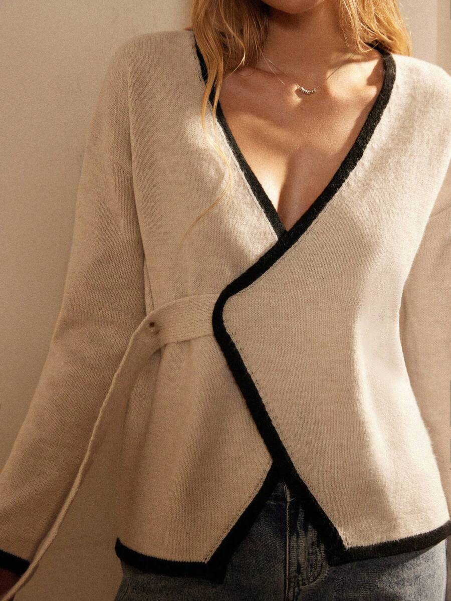 Écloséra 复古法式宽松V领长袖针织撞色饰边纽扣设计杏色女式开衫，秋冬外套 - 杏色 - 查看 1