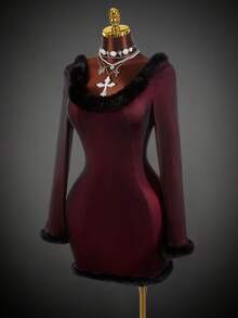 Amplova Women's Faux Fur Patchwork Crew Neck Elegant Long Sleeve Mini Dress - Red and Black - View 3