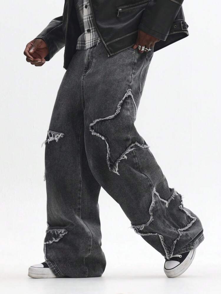 Wide Leg Denim Jeans With Star Pattern Distressing