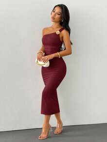 SHEIN PETITE Gold Color Brooch Decor Asymmetric Neck Ruched Fishtail Dress ,Dresses For Women Elegant - Burgundy - View 4