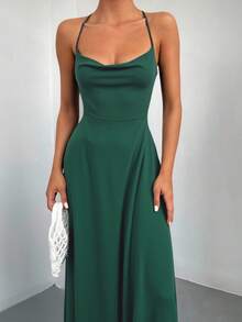 EURMUSE Vestido camisero con cuello drapeado y abertura en el muslo - Verde - Ver 5