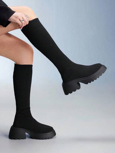 CUCCOO GRLICON Women's Black Motorcycle Boots, Slip-On Elastic Sock Boots, Chunky Heel, Side Zipper, Knight Boots, Platform Goth Boots, Over-The-Knee Boots, Y2K Style, Suitable For Christmas, Halloween, Music Festivals, Autumn