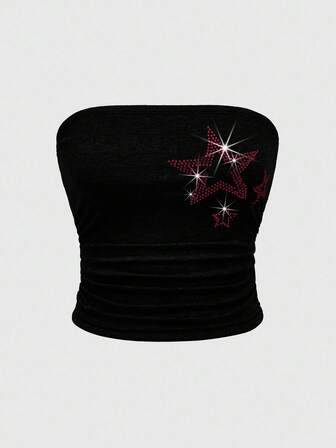 Grunge Punk Damen trägerloses graues & schwarzes Top mit Stern-Strass-Verzierung