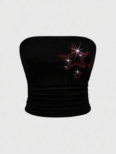 Grunge Punk Top senza spalline grigio e nero con decorazioni in strass a forma di stella