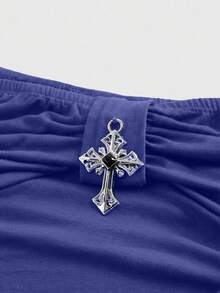 ROMWE J-Fashion 复古 Y2K 露肩喇叭修身女式 T 恤 - 藏蓝色 - 查看 3