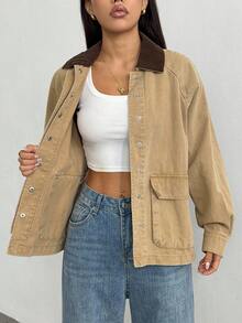 Elenzga Women's Casual Loose Fit Contrast Color Lapel Raglan Sleeve Denim Jacket, Autumn - Khaki - View 6