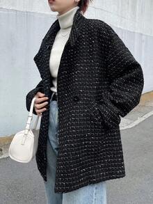 FRIFUL 女士黑色立领落肩长袖宽松格子休闲大衣，百搭秋季外套，亮片装饰 - 黑色 - 查看 4