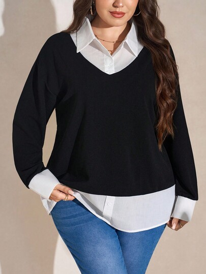 SHEIN LUNE sweat-shirt à capuche femme grande taille noir et blanc avec col chemise, Top 2 en 1, tenue de Thanksgiving, tenue de Nouvel An pour femme, robes d'hiver, vêtements d'hiver pour femme, tenues de rave