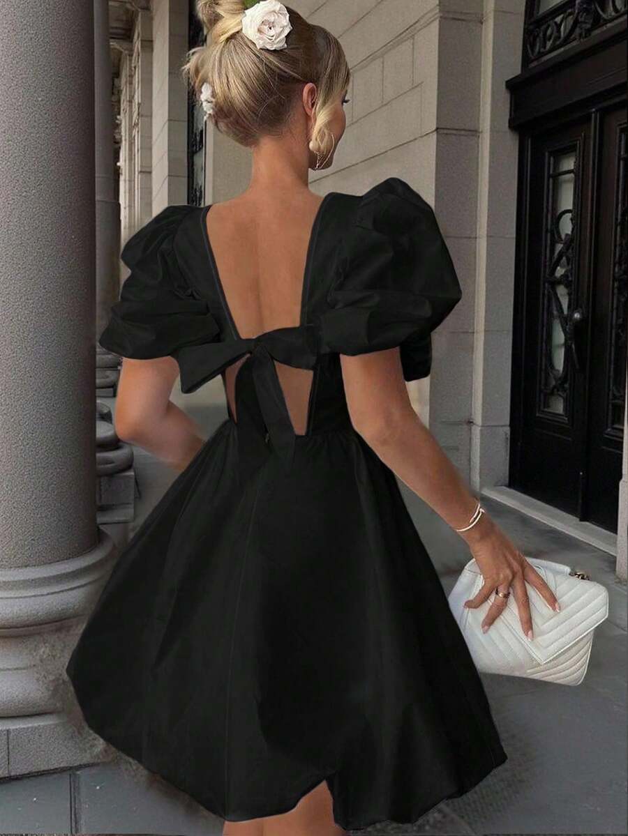 INAWLY Woman Round Neck Short Sleeve Bow Tie Open Back Elegant Short Dress - Black - View 1