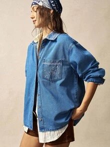 Bohemela Women's Casual Solid Color Woven Denim Loose Long Sleeve Shirt - Blue - View 6