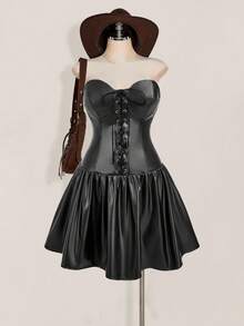 SHEIN MOD 大码黑色皮革系带迷你连衣裙 - 黑色 - 查看 7