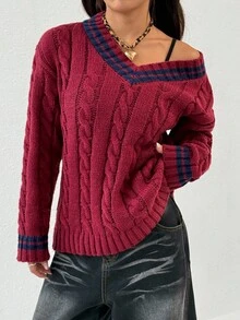 SHEIN PETITE Women's Casual V-Neck Contrast Piping Cable Knit Pullover Sweater, Cricket Jumper, Autumn/Winter - Burgundy - View 7