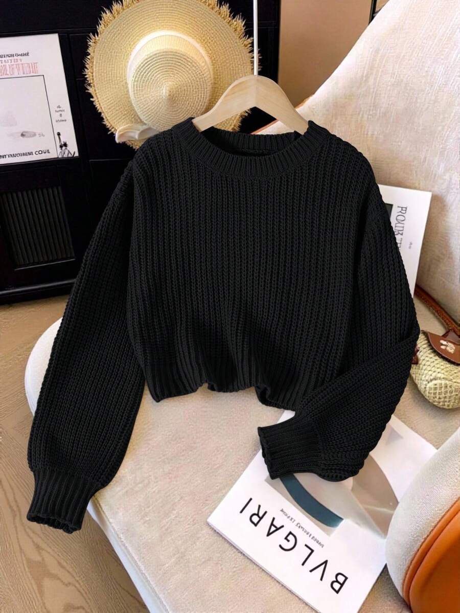 SHEIN 少女休闲纯色短款毛衣,秋冬可爱黑色上衣,韩版黑色毛衣,夏季黑色毛衣 - 黑色 - 查看 1
