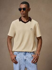 AKNOTIC X Nawaf Alabid 男士针织“老钱”刺绣修身弹力短袖Polo衫，适合休闲、通勤、春夏、度假、派对、婚礼、情侣装、男友礼物、沙滩装、父亲节礼物等场合。 - 棕色 - 查看 4