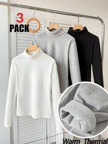 SHEIN 3件套少女罗纹针织高领长袖修身上衣，黑/白/灰三色可选，加厚保暖内衬，百搭叠穿T恤，买一送二，适合冬季、万圣节、圣诞节、新年秋季穿着