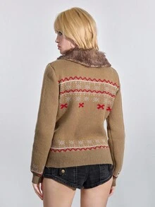 ROMWE Avant Cárdigan con capucha de manga larga, estilo universitario retro Y2K, con estampado jacquard marrón de estilo Fair Isle y textura suave para mujeres - Café integral - Ver 3