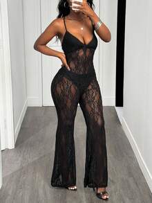 Slaydiva 2025 Autumn And Winter New Sexy Elegant Slim Black Transparent Lace Fabric Halter Neck Micro Flared Long Women Jumpsuit, Suitable For Country Concert Outfit,Halloween Costumes ,Christmas,Birthday Outfit,Club Outfits Women Sexy,Going Out, Party Gatherings-B