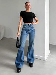 SHEIN Cottnline بنطلون جينز أزرق كلاسيكي مطوي للنساء - أزرق متوسط - مشاهدة 5
