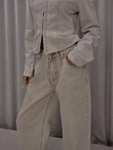 MUSERA Contrast Stitch Wide Leg Washed Tie Waist Denim Jeans Streetwear Cute Classy Casual Sexy Going Out Toffee  Chic Spring Summer - Khaki - View 6