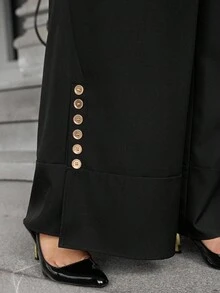 Easura Plus Size Woven Fabric Elegant Office Wear Front Pleated Slant Pocket Slit Hem Metal Button Decor Wide Leg Pants For Women - Black - View 8