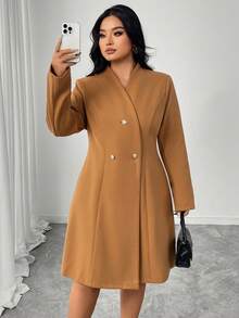 SHEIN Elenzya 大码女式优雅日常通勤宽松腰羊毛大衣 - 棕色 - 查看 3