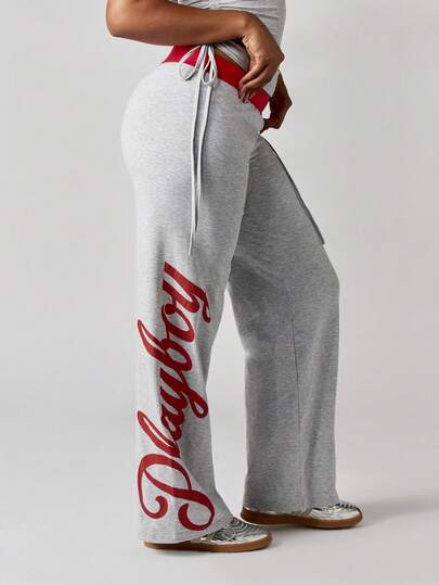 Missguided x Playboy Christmas Wide Leg Heathered Jersey Pants With Logo