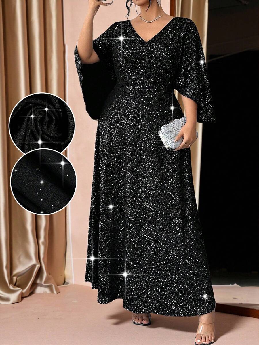 Cravure Plus Size Women Elegant Ruffle Sleeve V-Neck Cinched Waist Sequin Dress - Black - View 1