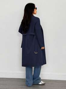 SHEIN PETITE Women's Retro Long-Sleeved Trench Coat,Winter,New Year Eve,Business Long Outerwear Trench Coat,Winter - Navy Blue - View 2