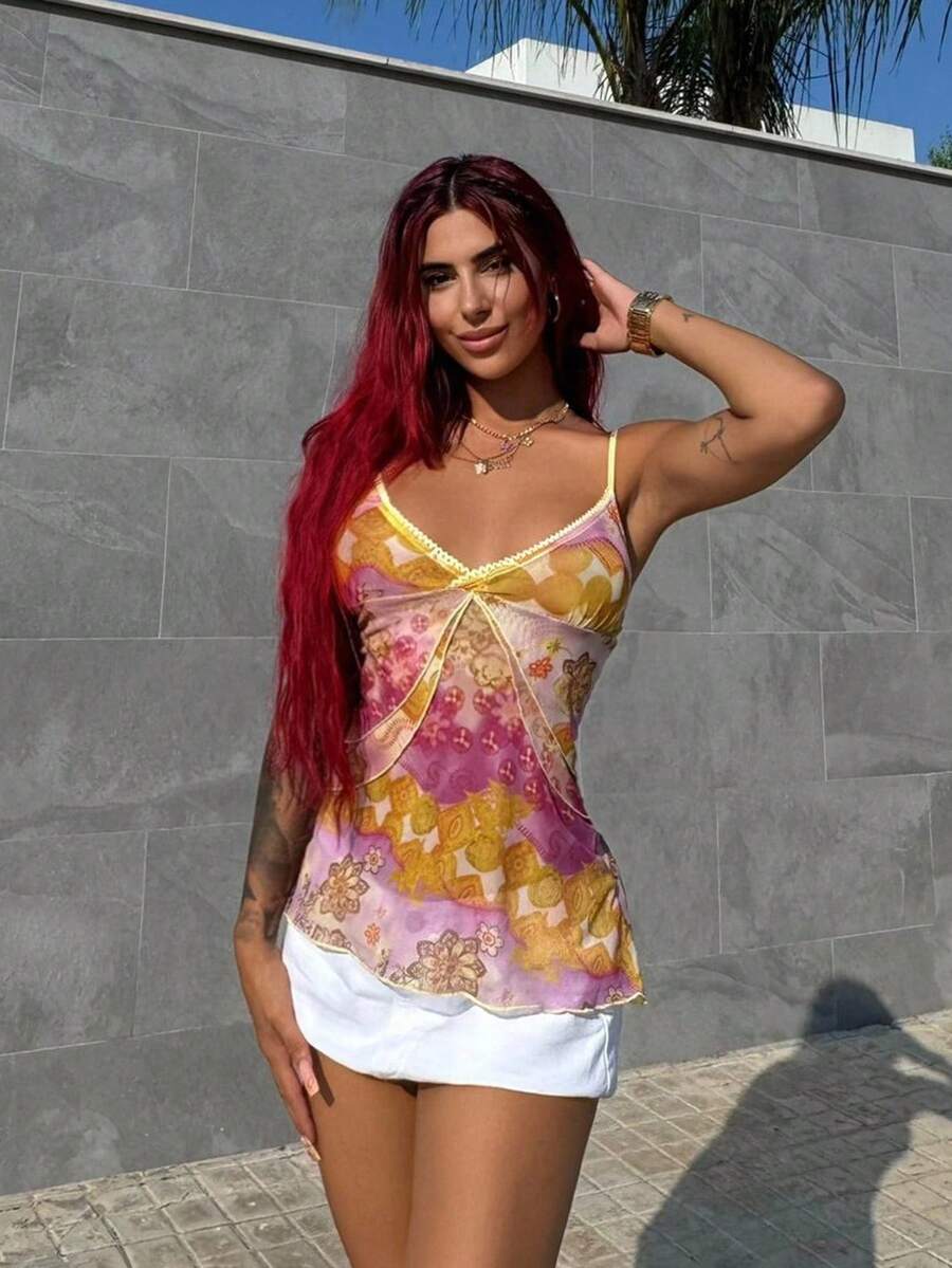 Bearsaez Spaghetti Strap Lace Trim Waist Cinched Vintage Ombre Floral Print Ruffle Hem Camisole Top, Summer - Multicolor - View 1