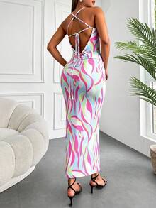 EURMUSE Summer Random Printed Draped Neck Backless Mermaid Bodycon Tank Dress - Pink - View 2