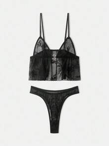 lacRébo 黑色透明蕾丝性感内衣套装，含三角性感文胸和Tanga，秋冬款 - 黑色 - 查看 5