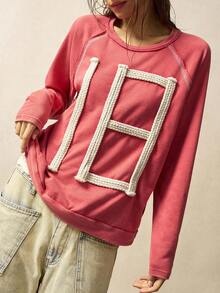 Bohemela Women's Casual Solid Color Knit Crew Neck Long Sleeve Loose Washed Top - Red - View 3