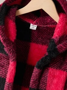 女童格子卡其色和米色双面抓绒连帽外套，长袖，休闲家居/户外穿着，冬季亲子装（妈妈和我，单独出售） - 彩色 - 查看 4