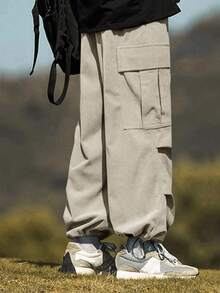 Claim Dot 男士宽松纯色休闲灯芯绒工装裤，多功能户外降落伞裤/慢跑裤，秋冬款