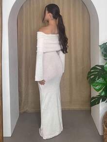 Andrea Bello 秋冬季圣诞节婚礼鸡尾酒会礼服女士纯色针织露肩长袖连衣裙，适合度假 - 米色 - 查看 3