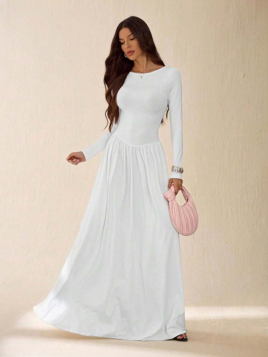 SHEIN Tall Đầm siêu dài tay cổ thuyền gợi cảm màu trắng thời trang thu đông ấm áp đa năng ôm dáng - trắng - Xem 1
