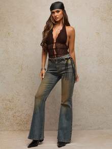 SHEIN BAE Women's Deep V-Neck Lace Slit Design Sexy Fashion Halter Bodysuit - Coffee Brown - View 3