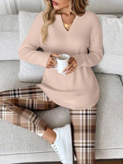 SHEIN LUNE 2pcs/Set Women Long Sleeve T-Shirt And Leggings, Autumn/Winter Work From Home Outfit Comfortable Outfits For Women 2 Piece Lounge Sets Woman Lounge Wear Breakfast Outfits For Women