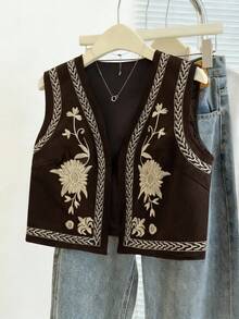Franclia Women's Floral Embroidered Open Front Casual Vest Jacket - Chocolate Brown - View 3