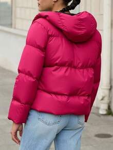 EURMUSE Zip Up Hooded Puffer Coat - Red - View 2