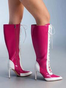 CUCCOO GRLICON Botas altas de mujer con punta afilada, tacón de gatito, estilo de carreras con bloqueo de color y cordones, adecuadas para Navidad, Halloween, estilo Y2K, color rosa