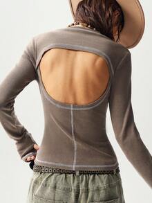 Bohemela BOHO Casual Solid Color Knit Long Sleeve Backless Women Top, Autumn - Mocha Brown - View 7