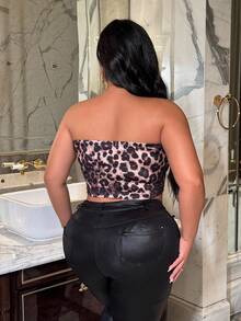 SHEIN LUNE Sexy Everyday Pleated Front Button Leopard Print Plus Size Tube Top - Brown - View 2