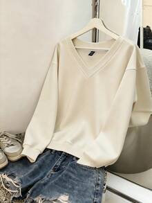 SHEIN EZwear 大码女式纯色V领大码宽松休闲运动衫，百搭外出，适合秋冬季 - 杏色 - 查看 5