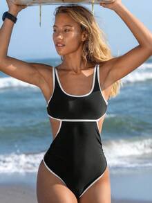 Swim SPRTY Summer Beach Cut-Out Contrast Binding One Piece Swimsuit - Black - View 3
