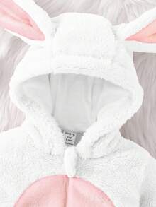 SHEIN Newborn Plush Fabric Hooded Romper With Cute 3D Rabbit Ears, Long Sleeve Long Pants Winter Outfit For Kids - White - View 6