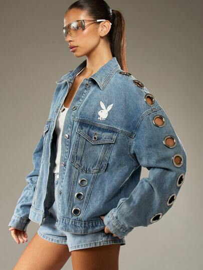 Missguided x Playboy Medium Wash Denim Jacket With Metal Eyelets